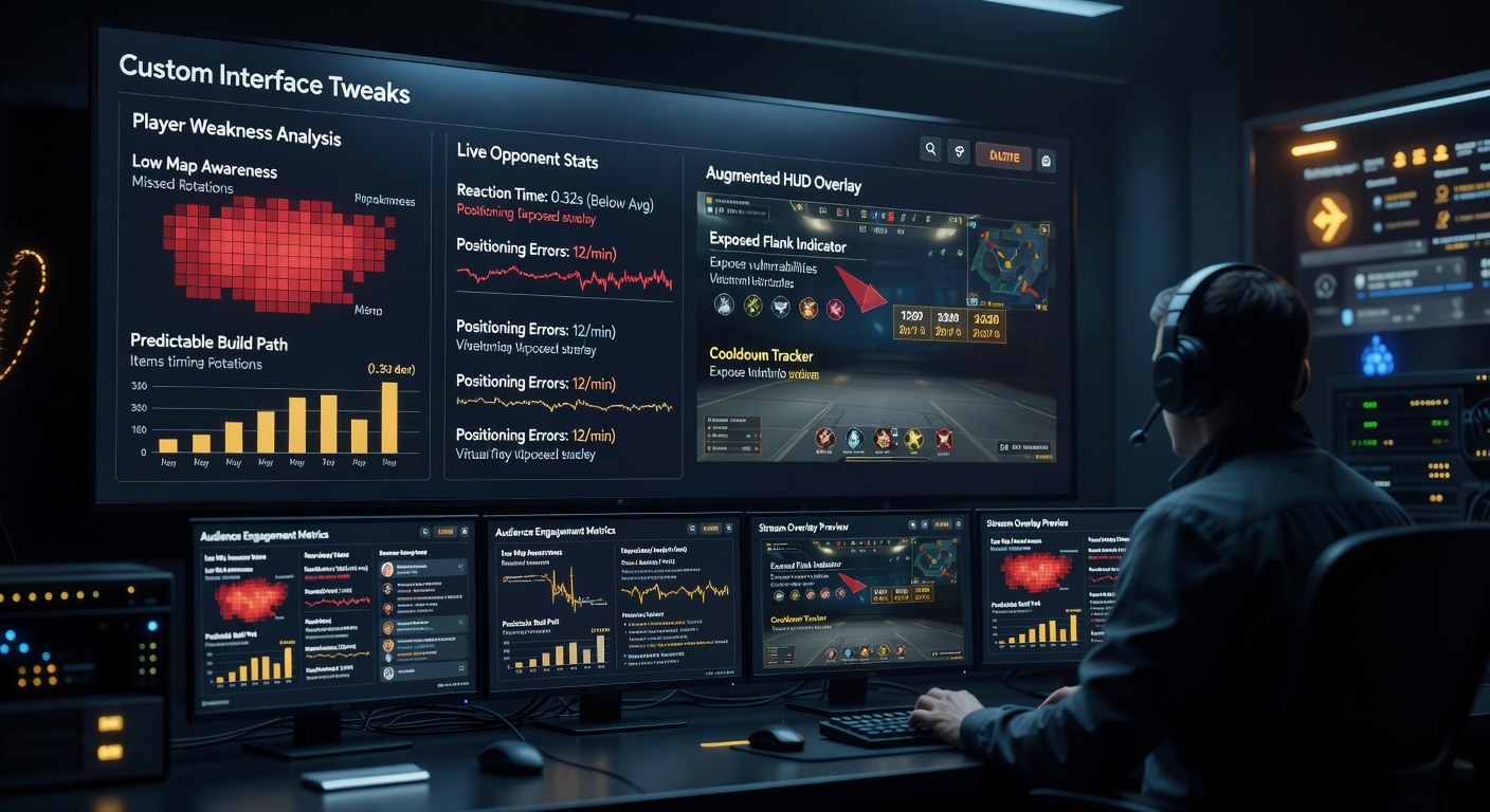 Close-up view of a customized poker streaming dashboard showing opponent weakness indicators and statistical overlays