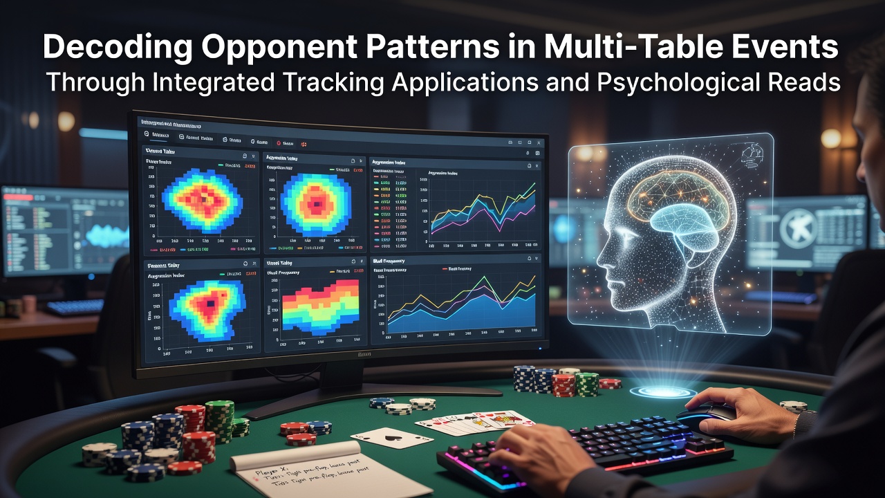 Poker players analyzing multi-table tournament data on screens with tracking software overlays
