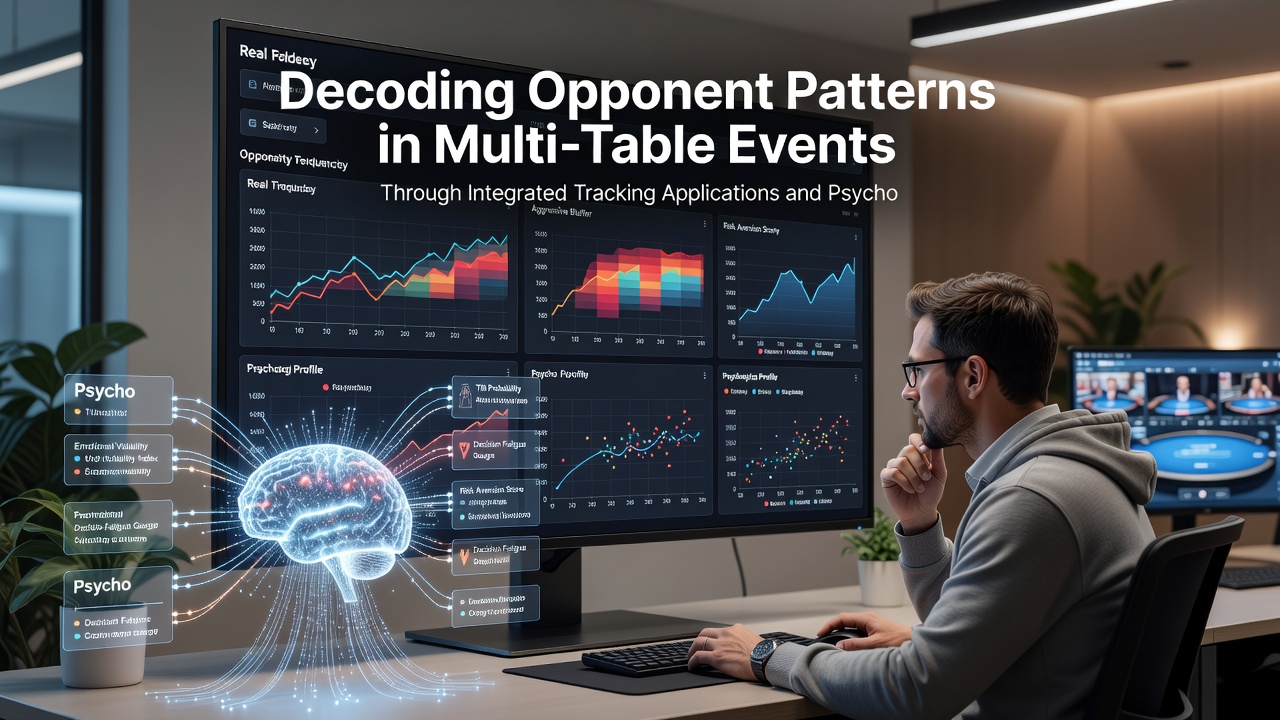 Split view of poker tracking dashboard alongside player video analysis during a tournament