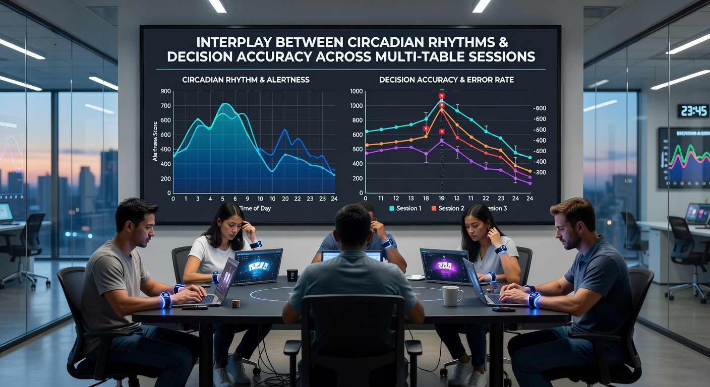 Illustration of multi-table poker interface with overlaid circadian alertness indicators