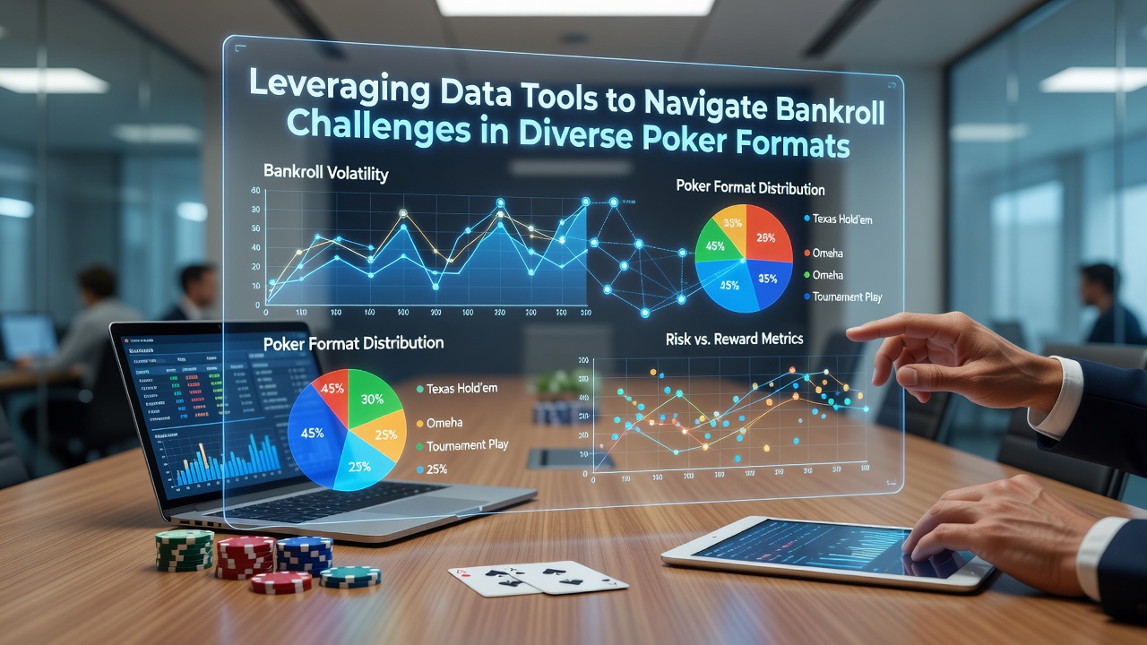 Poker players reviewing data dashboards on tablets during a tournament break