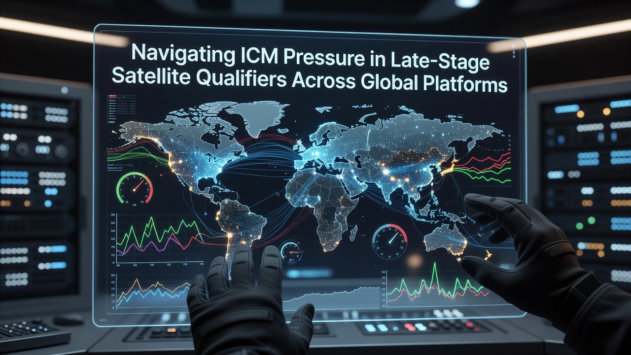 Poker players at a late-stage satellite tournament table facing high ICM pressure