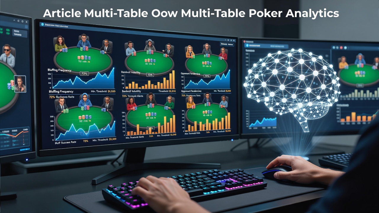 Poker software interface displaying multi-table layouts with bluffing pattern analysis overlays and real-time statistics