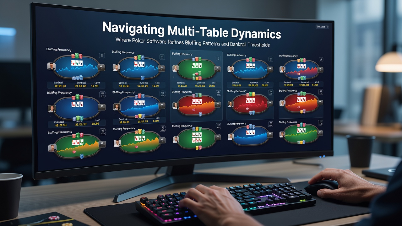 Detailed view of bankroll tracking dashboard alongside bluff frequency charts in multi-table poker software