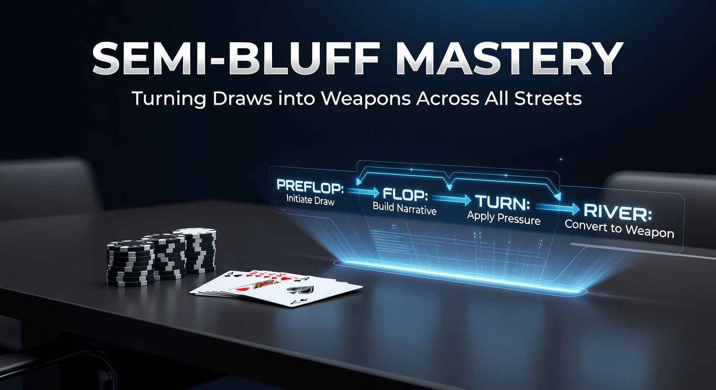 Poker table scene showing a player contemplating a semi-bluff bet with suited connectors in hand