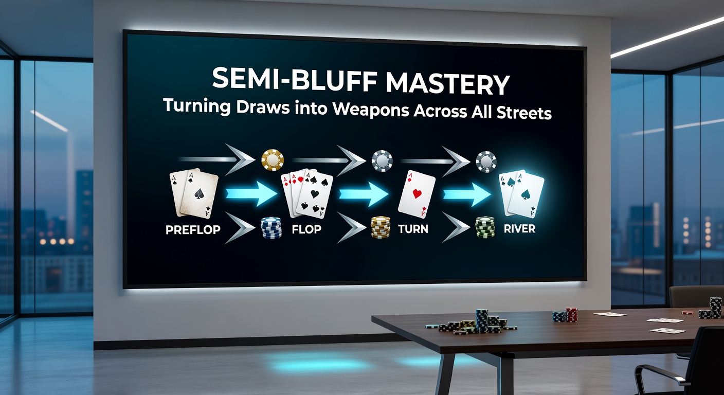Close-up of poker chips and cards illustrating a flop semi-bluff with an open-ended straight draw