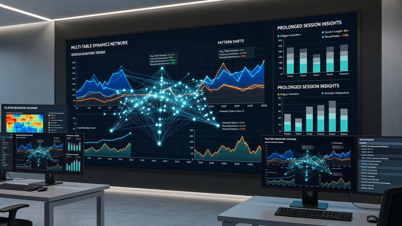 Visualization of poker player performance trends across multiple tables during long sessions