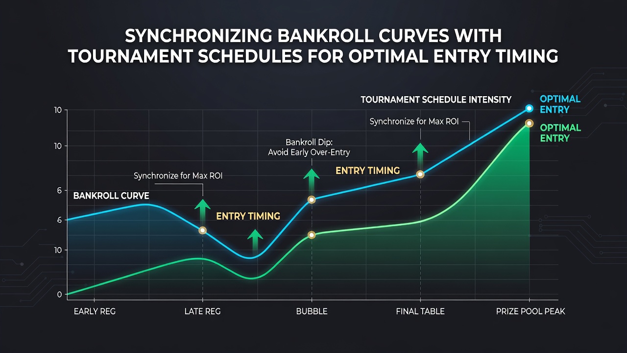 Graph showing bankroll curve fluctuations aligned with major poker tournament dates and entry points