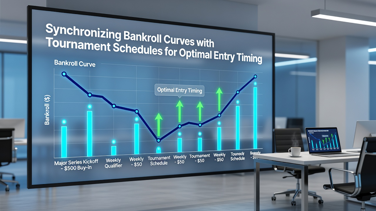 Screenshot of poker tournament schedule overlaid with sample bankroll projection chart and highlighted entry windows