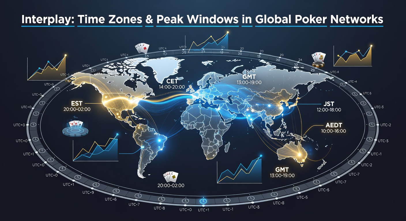 Global map showing time zones overlaid with poker network traffic patterns during peak hours