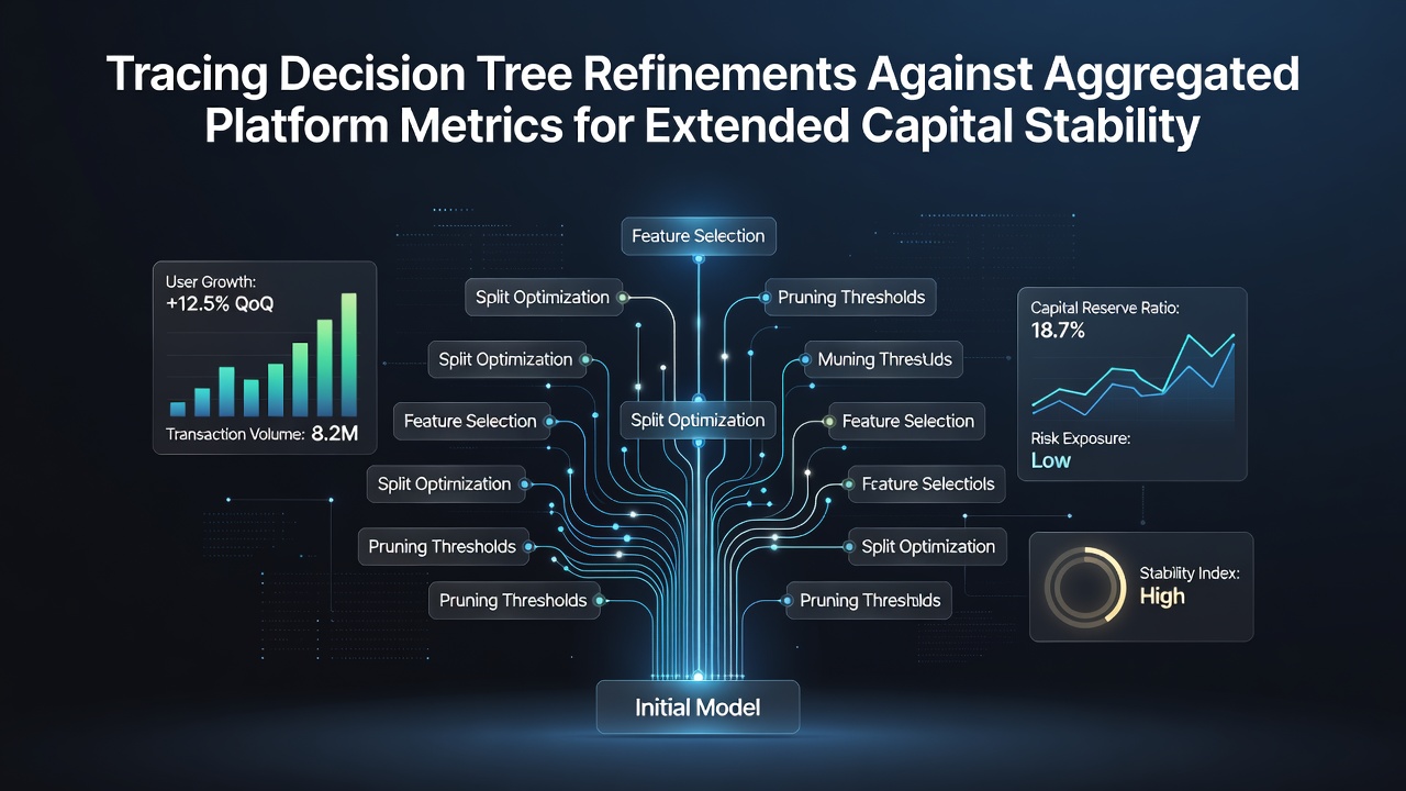 Diagram showing decision tree branches overlaid on platform metric dashboards for capital analysis