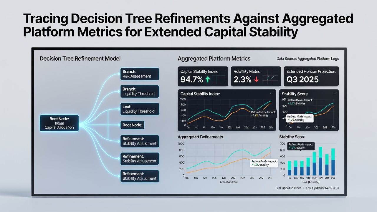 Analytics dashboard displaying refined decision tree outputs next to capital stability indicators