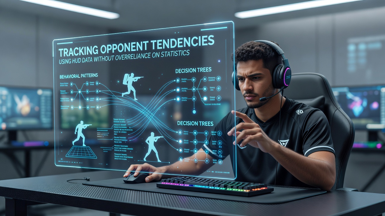 Poker player reviewing HUD data on screen during online session