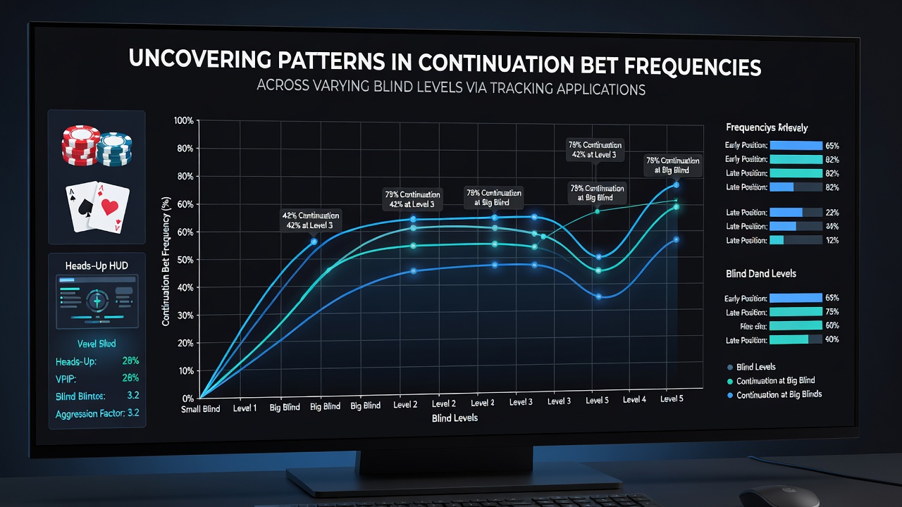 Poker tracking software interface displaying continuation bet statistics across different blind levels