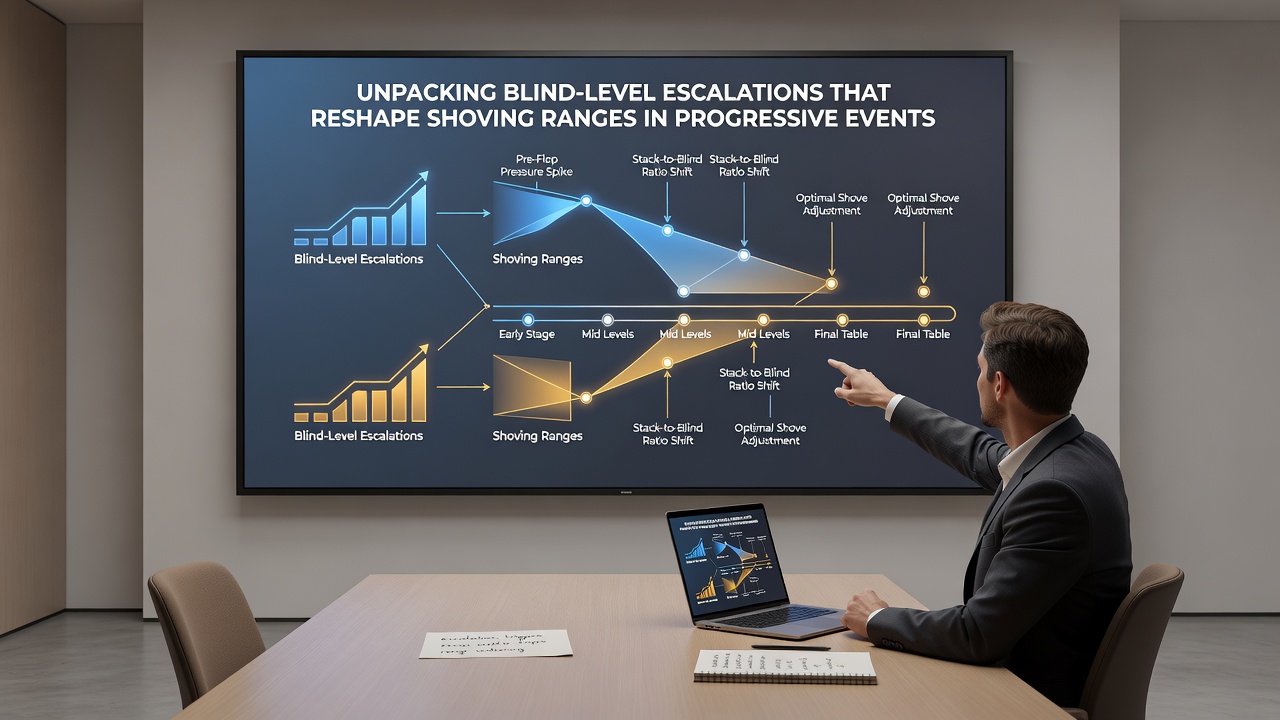 Tournament player analyzing shoving ranges on a digital poker interface during escalating blinds
