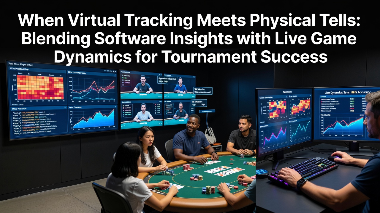 Poker player reviewing tracking software data on a tablet while observing opponents at a live tournament table